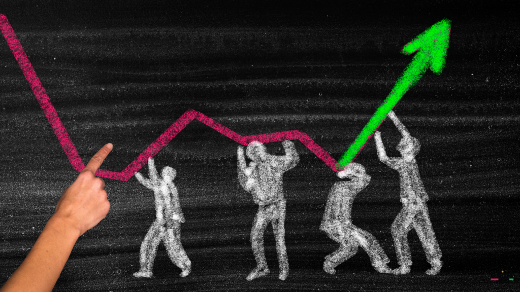 Chalkboard illustration of figures lifting a declining pink line into a rising green growth arrow