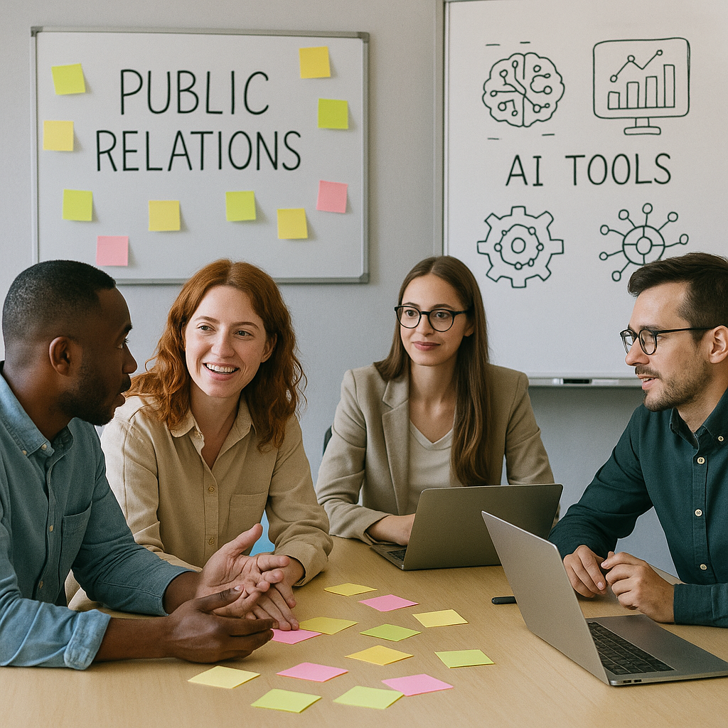 Four colleagues brainstorm around a table with sticky notes beneath Public Relations and AI Tools whiteboards