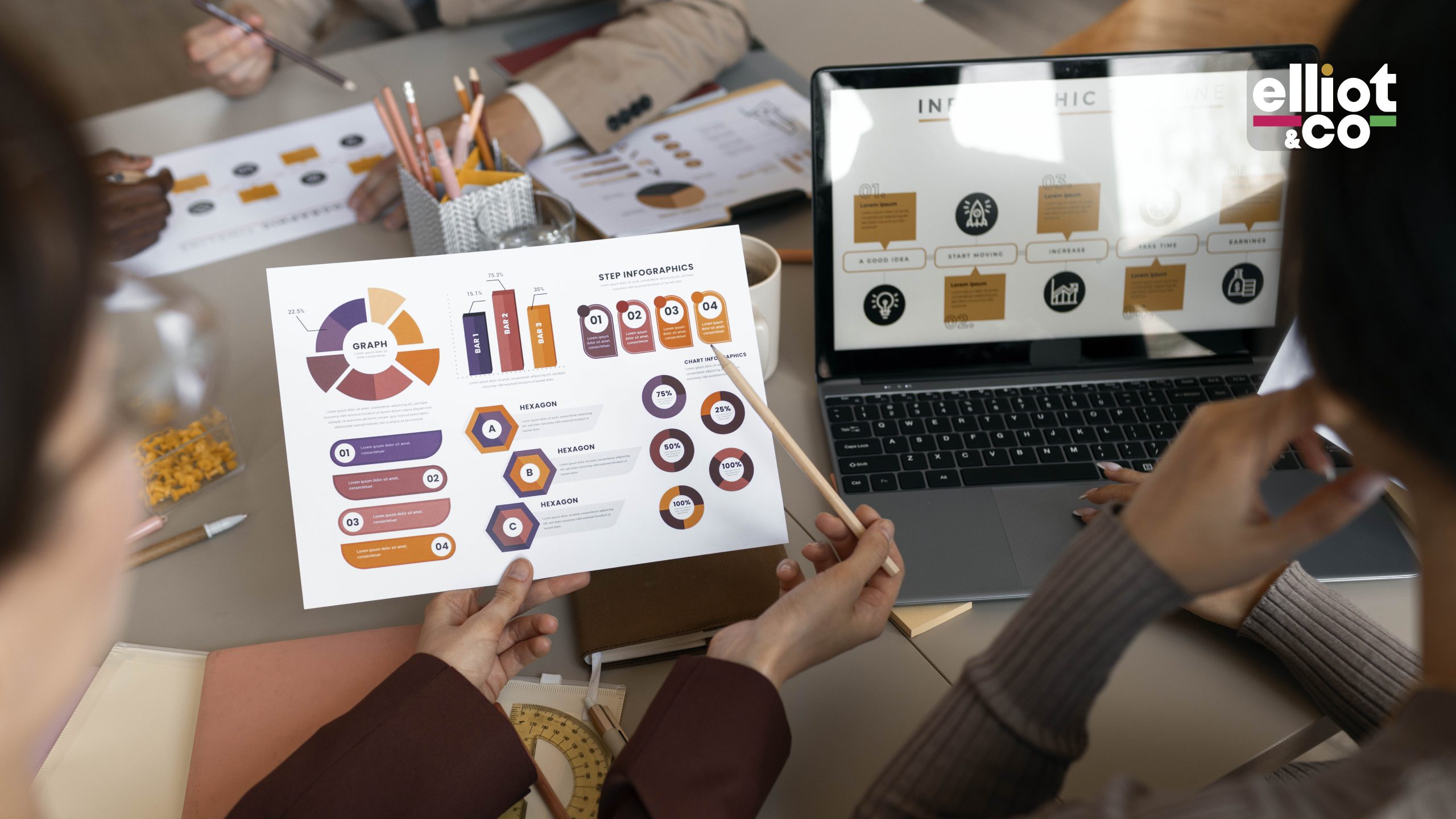 Marketers reviewing printed infographic charts and a laptop analytics dashboard on a desk