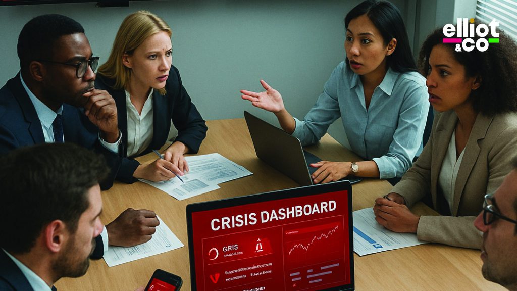 Corporate team in tense meeting reviewing a red crisis dashboard on a laptop screen