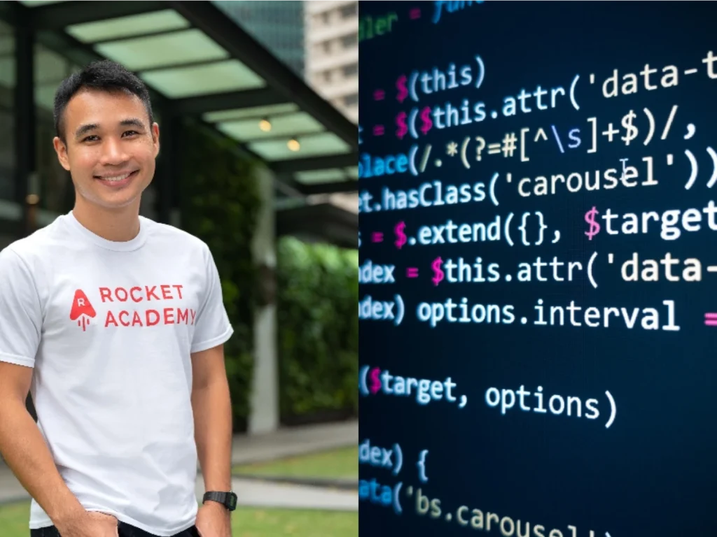 Rocket Academy founder in branded t-shirt beside a screen of JavaScript code